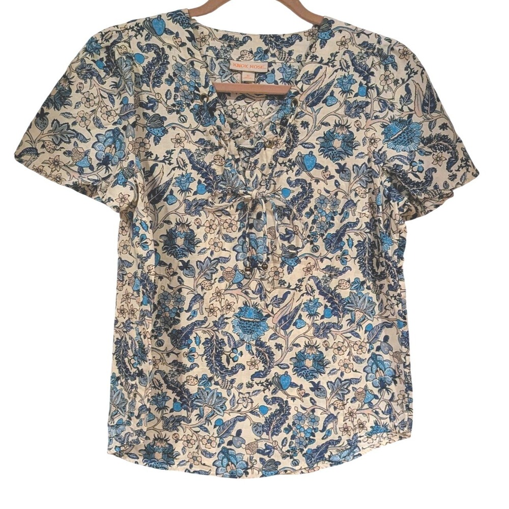 Knox Rose Blouse XS Ivory Blue Floral Toile Lace Up Boho Cottagecore Top